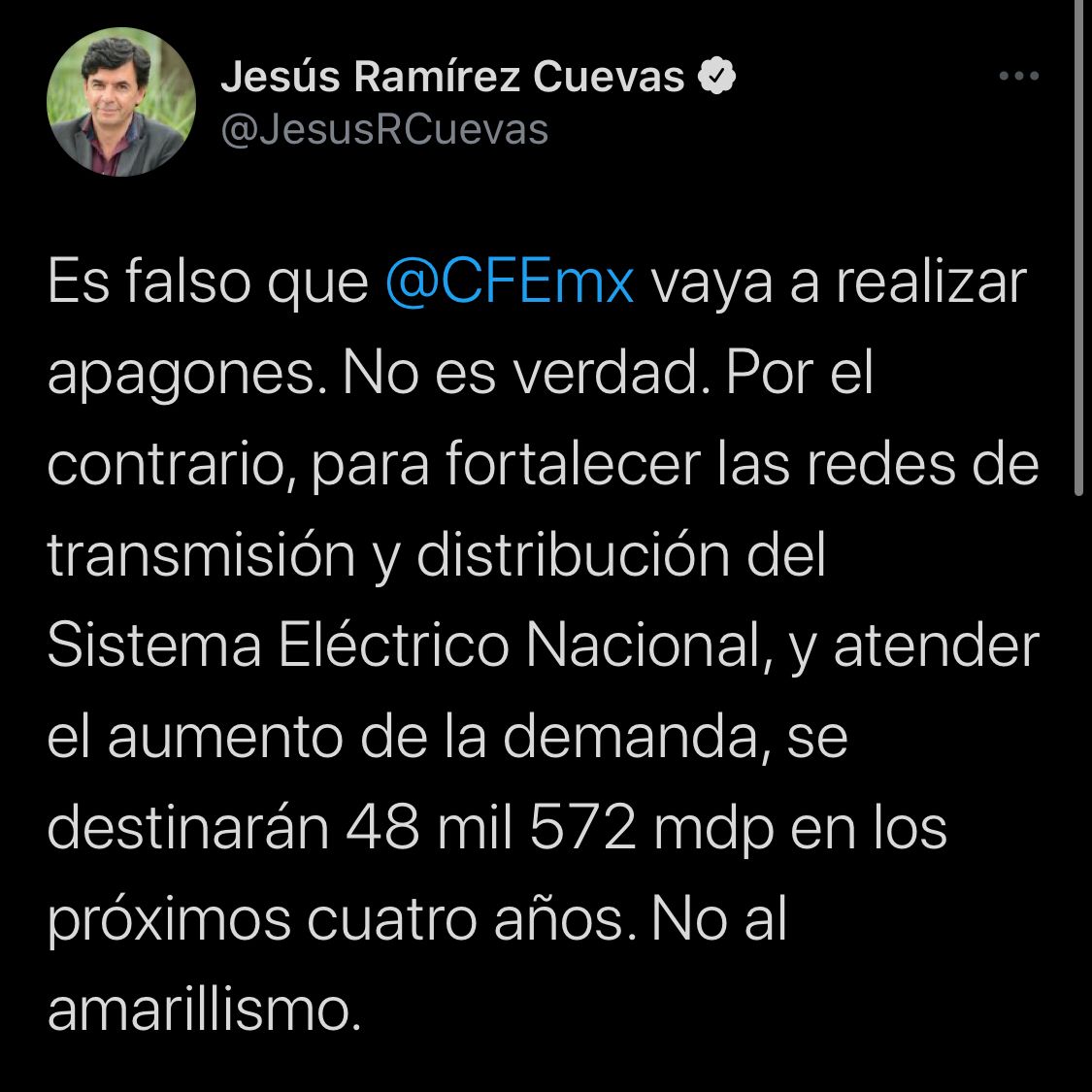 Jesús Ramírez Cuevas publicó en su cuenta de Twitter que es mentira que la empresa vaya a realizar apagones (Foto: Captura de Twitter @JesusRCuevas)