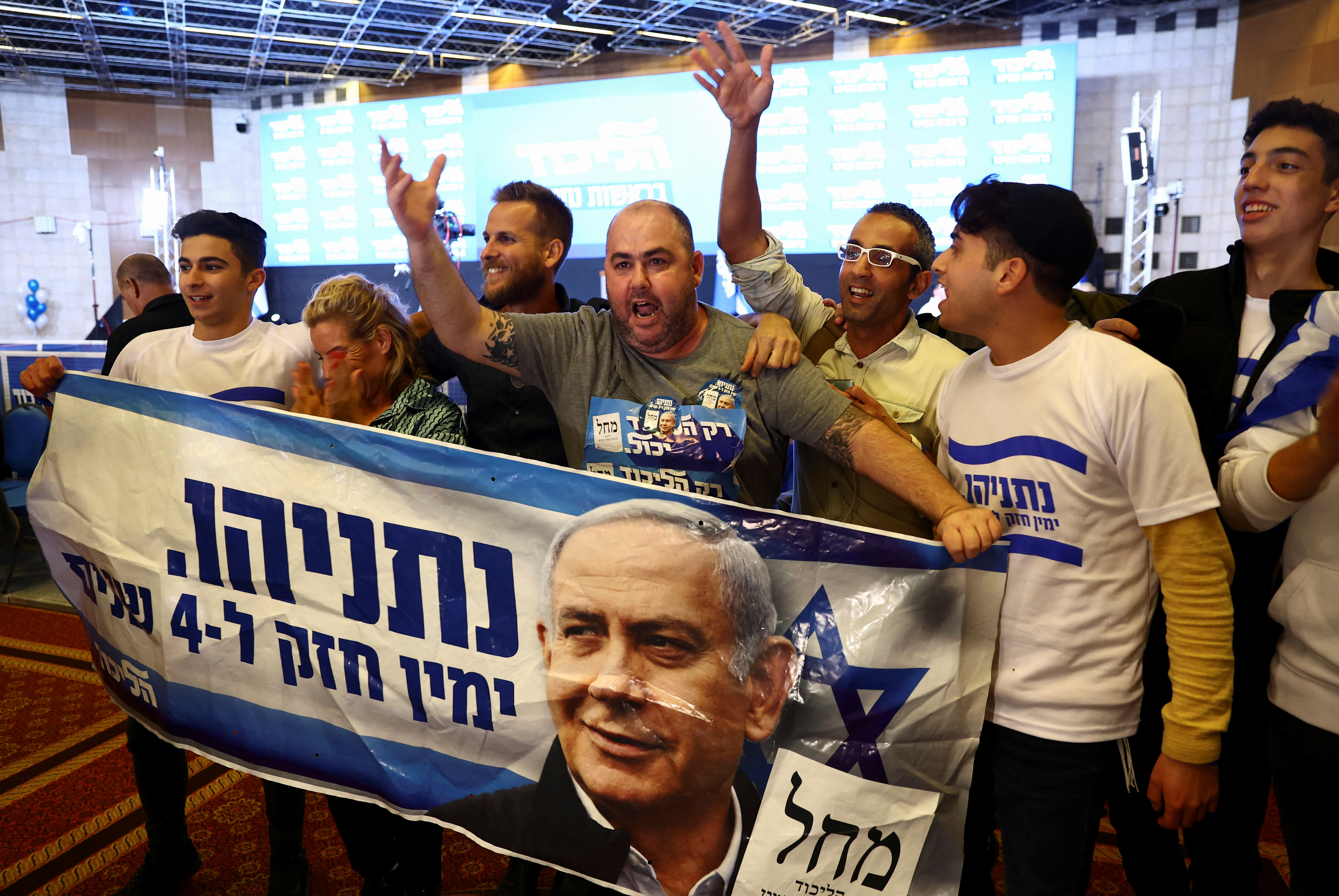 Supporters of Likud party leader Benjamin Netanyahu react after the announcement of an exit poll in Israel's general election at the party's headquarters in Jerusalem November 1, 2022 (REUTERS/Ronen Zvulun)
