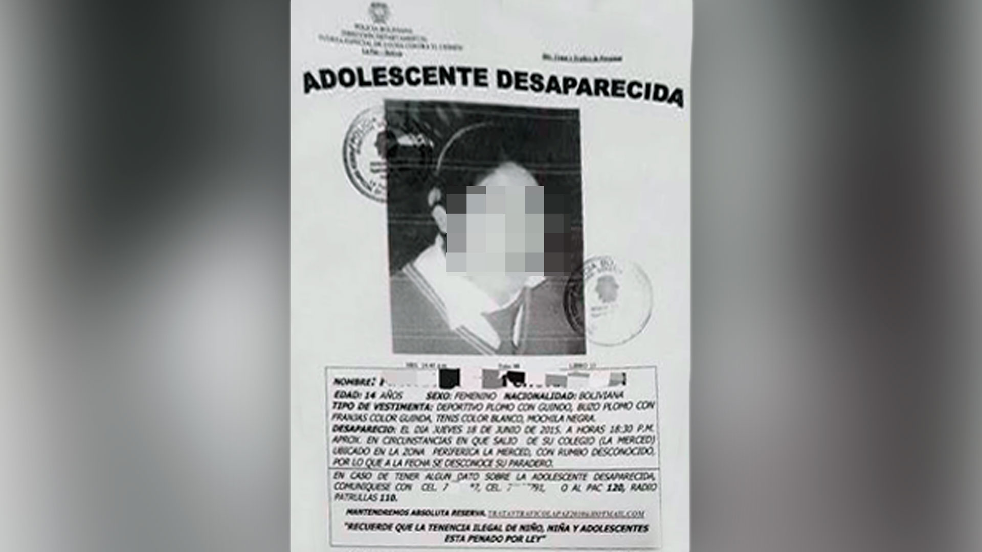 El boletín de las autoridades bolivianas para hallar a la víctima.