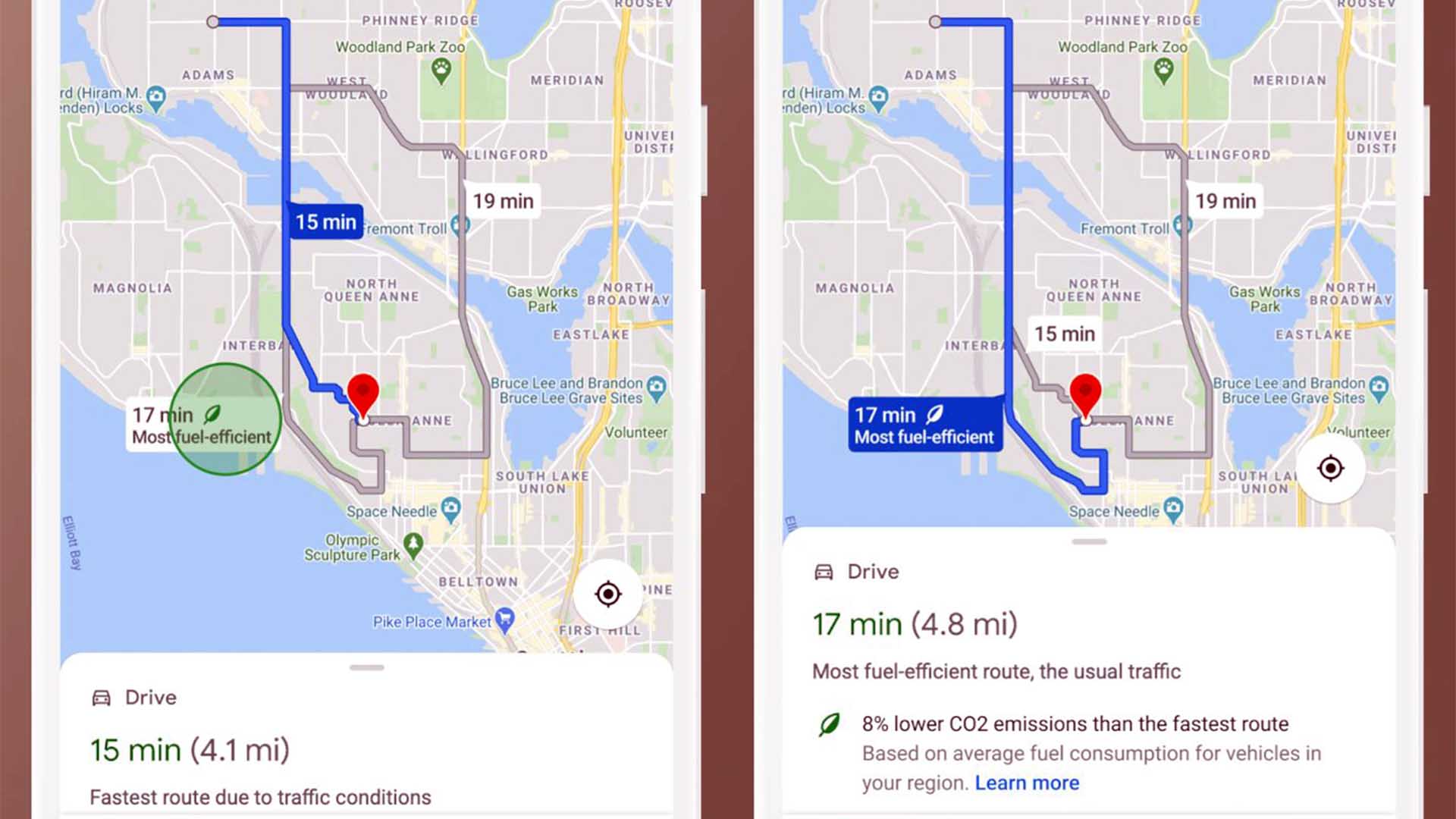 Google Maps empezará a mostrar el camino más rápido en gris y el más eficiente o menos contaminante en azul, como ruta recomendada