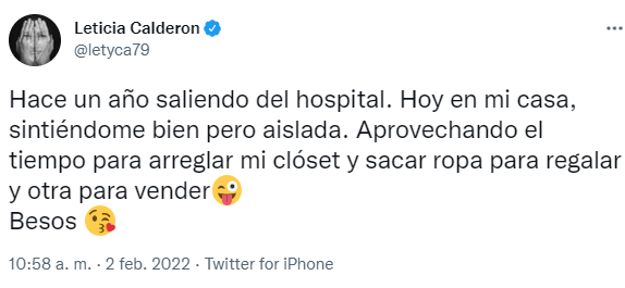 Leticia Calderón volvió a contagiarse de Covid-19 a principios de 2022 (Foto: Twitter/@letyca79)