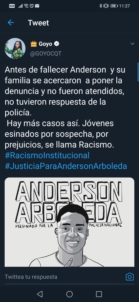 La cantante Goyo ha sido una de las artistas más vocales en el caso de Arboleda, pidiendo justicia y protestando contra el racismo estructural en Colombia. 