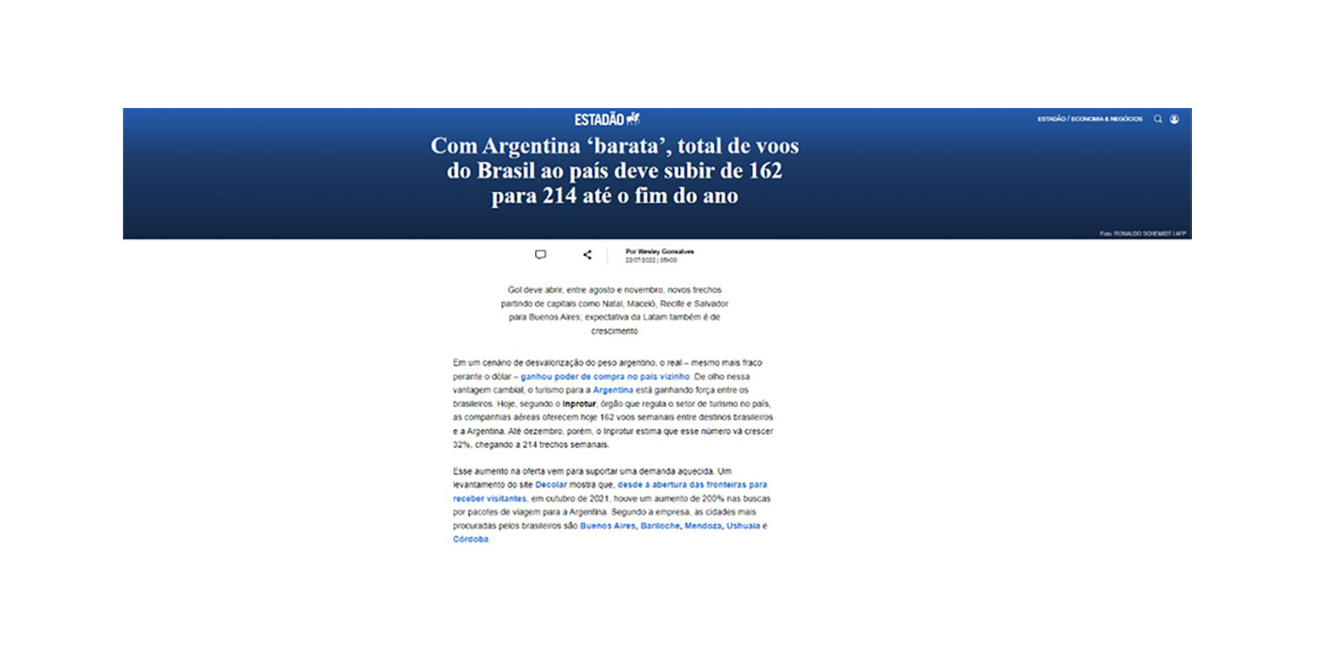 Estadao publica hoy una nota en la que da cuenta de la necesidad de aumento de las frecuencias aéreas a la Argentina dada la demanda de turistas brasileños.