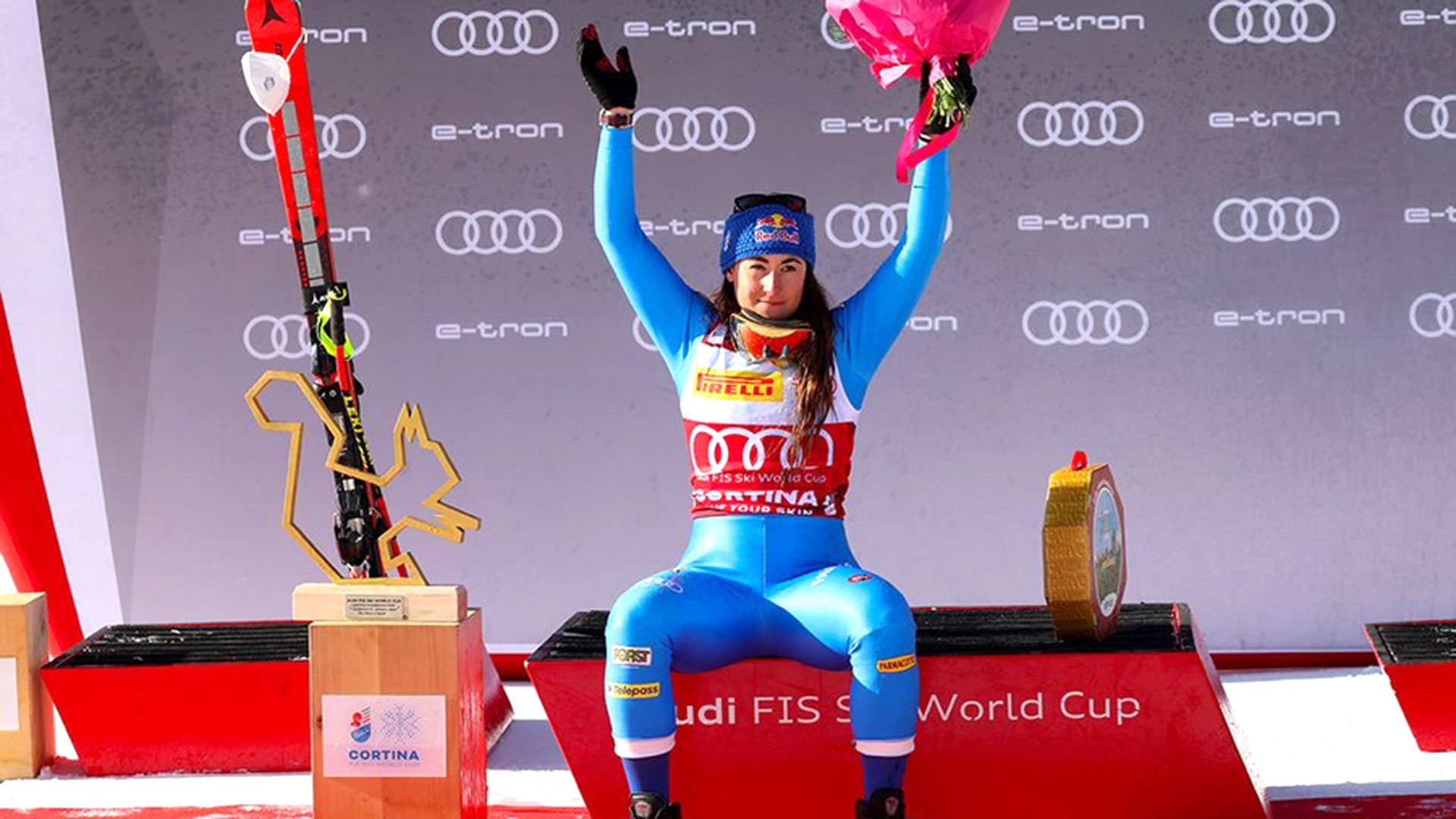 Goggia celebrates after her downhill victory on Saturday (Pentaphone_Cortina World Cup)