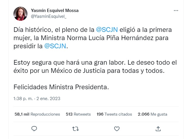 Yasmín Esquivel felicitó a Norma Lucía Piña por ser la nueva presidente de la SCJN (Twitter/ @YasminEsquivel_)