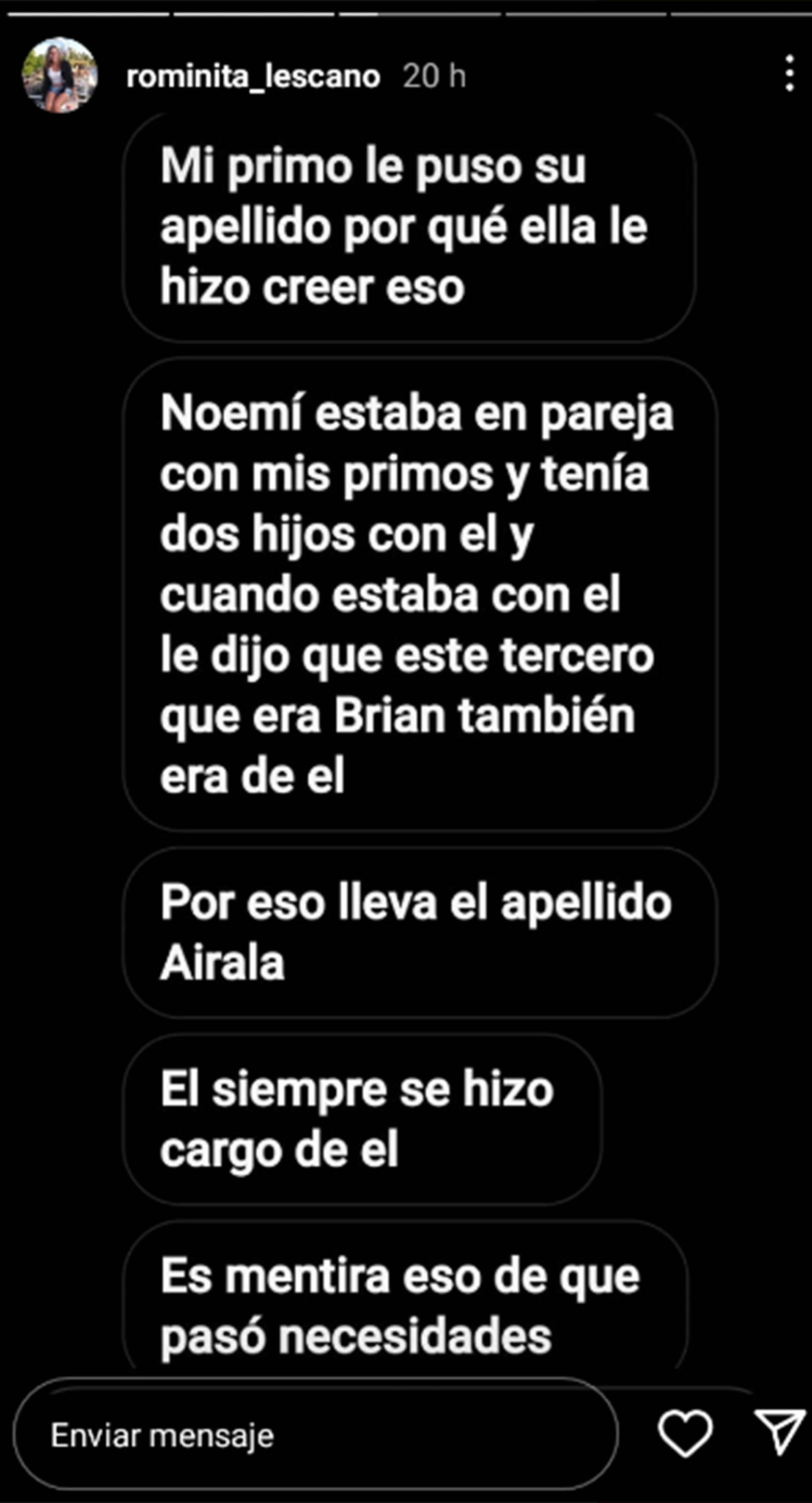 Romina  compartió un chat con quien sería la prima del hombre que crio al hijo de Pablo Lescano