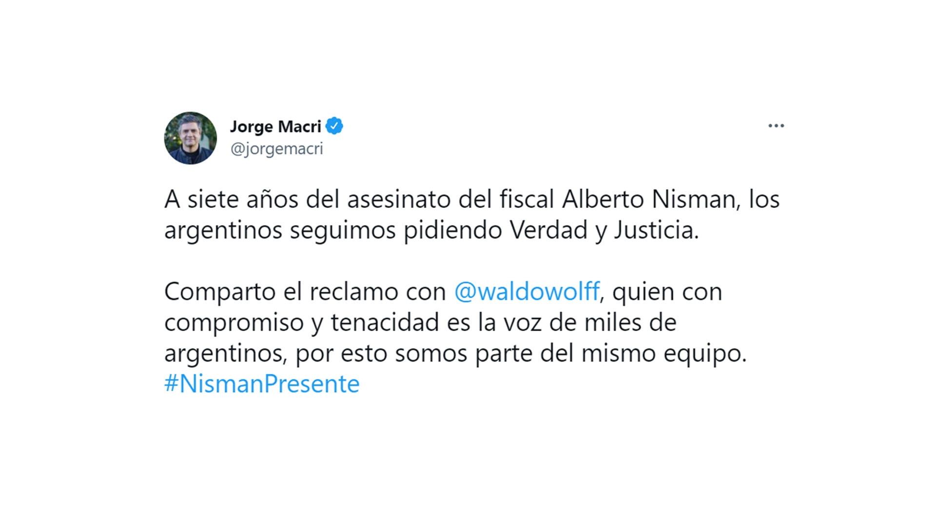 Tuit del ex intendente de Vicente López de Juntos por el Cambio, Jorge Macri