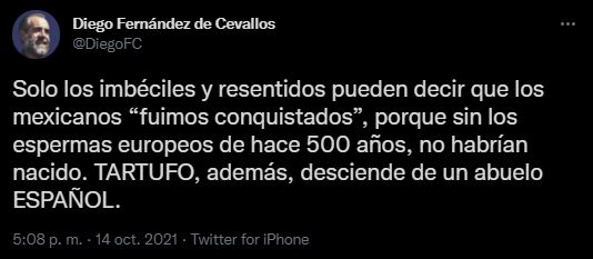 En la mañanera de esta mañana, AMLO expuso el tuit de Fernández de Cevallos relacionado a la Conquista. (Foto: Twitter)