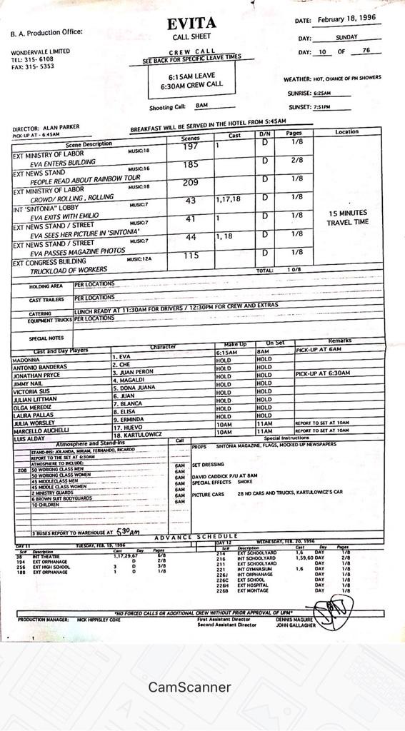 Un call sheet del rodaje de la película Evita