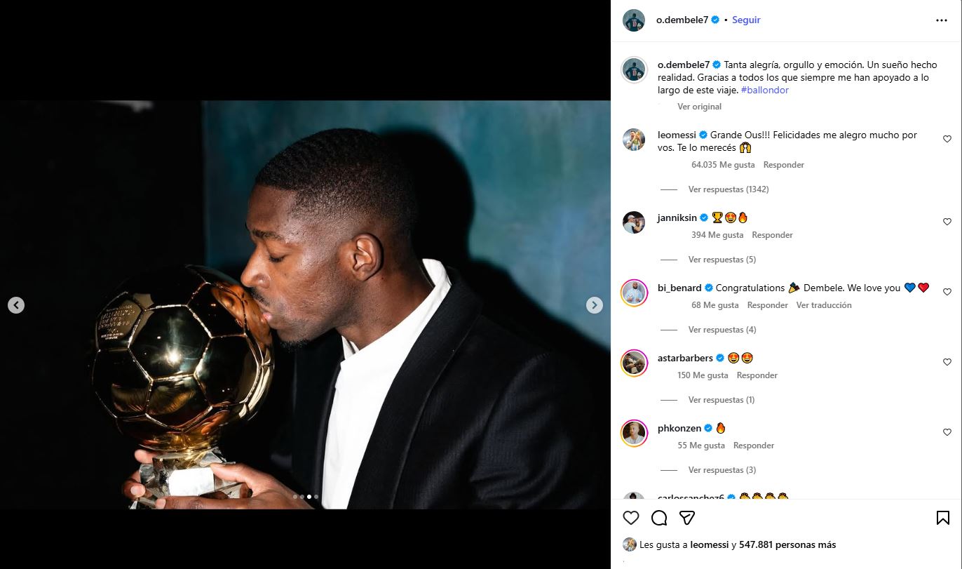 El gesto de Lionel Messi con Dembélé luego de que el francés ganara el Balón de Oro