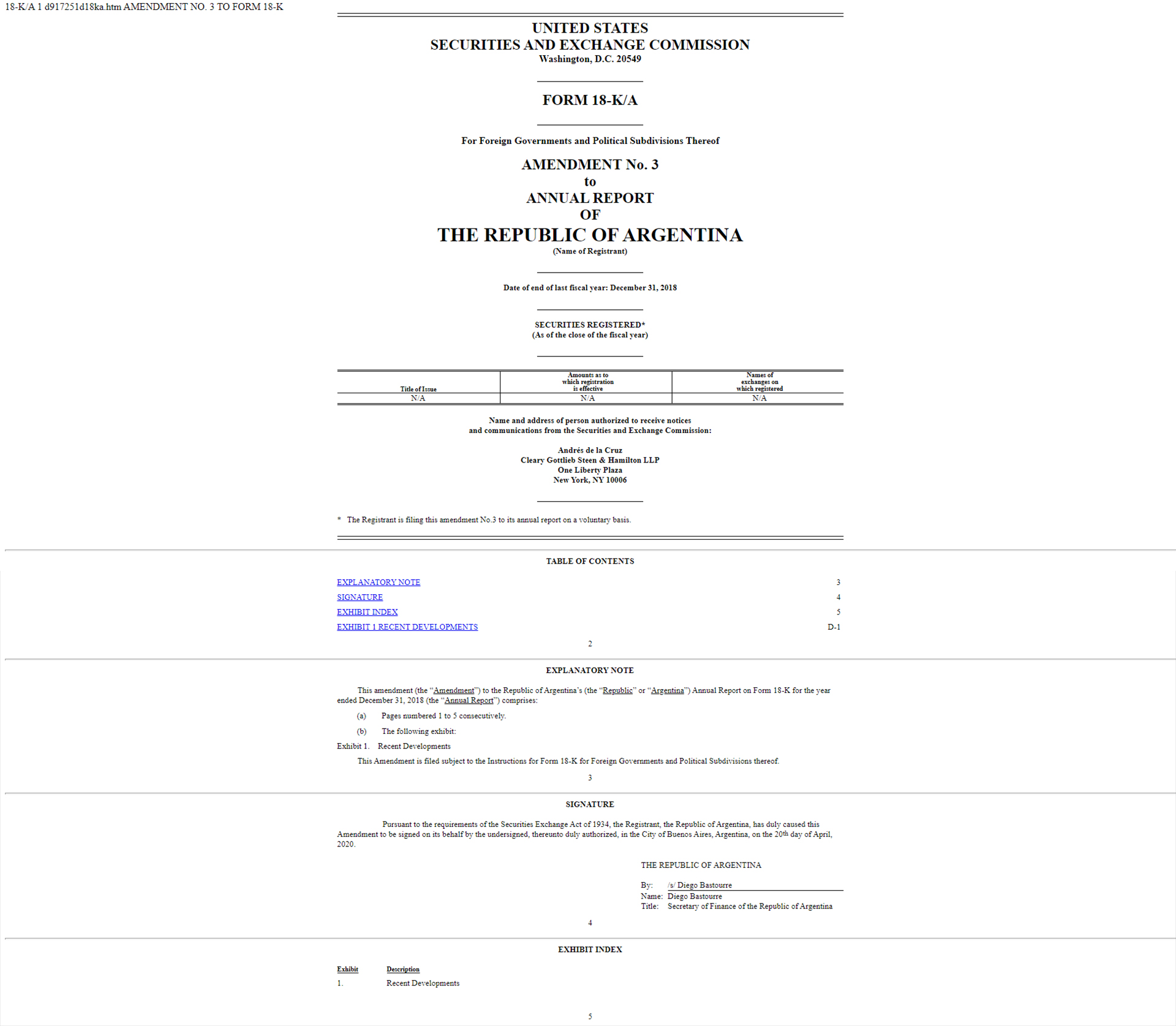 La carátula del documento con la oferta presentada por la Argentina ante la SEC y que fue publicado hoy
