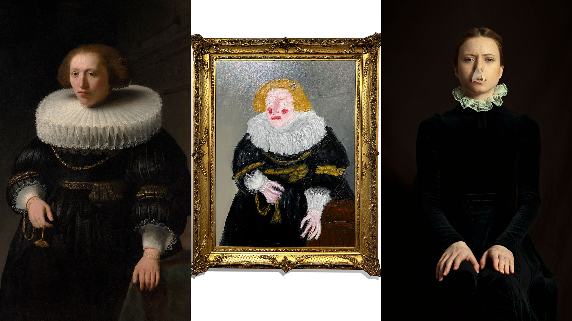 "Retrato de una mujer" de Rembrandt; la remake de Ressia y una de sus fotografías 