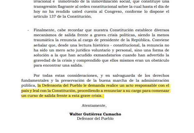 Oficio enviado por el Defensor del Pueblo, Walter Gutiérrez.
