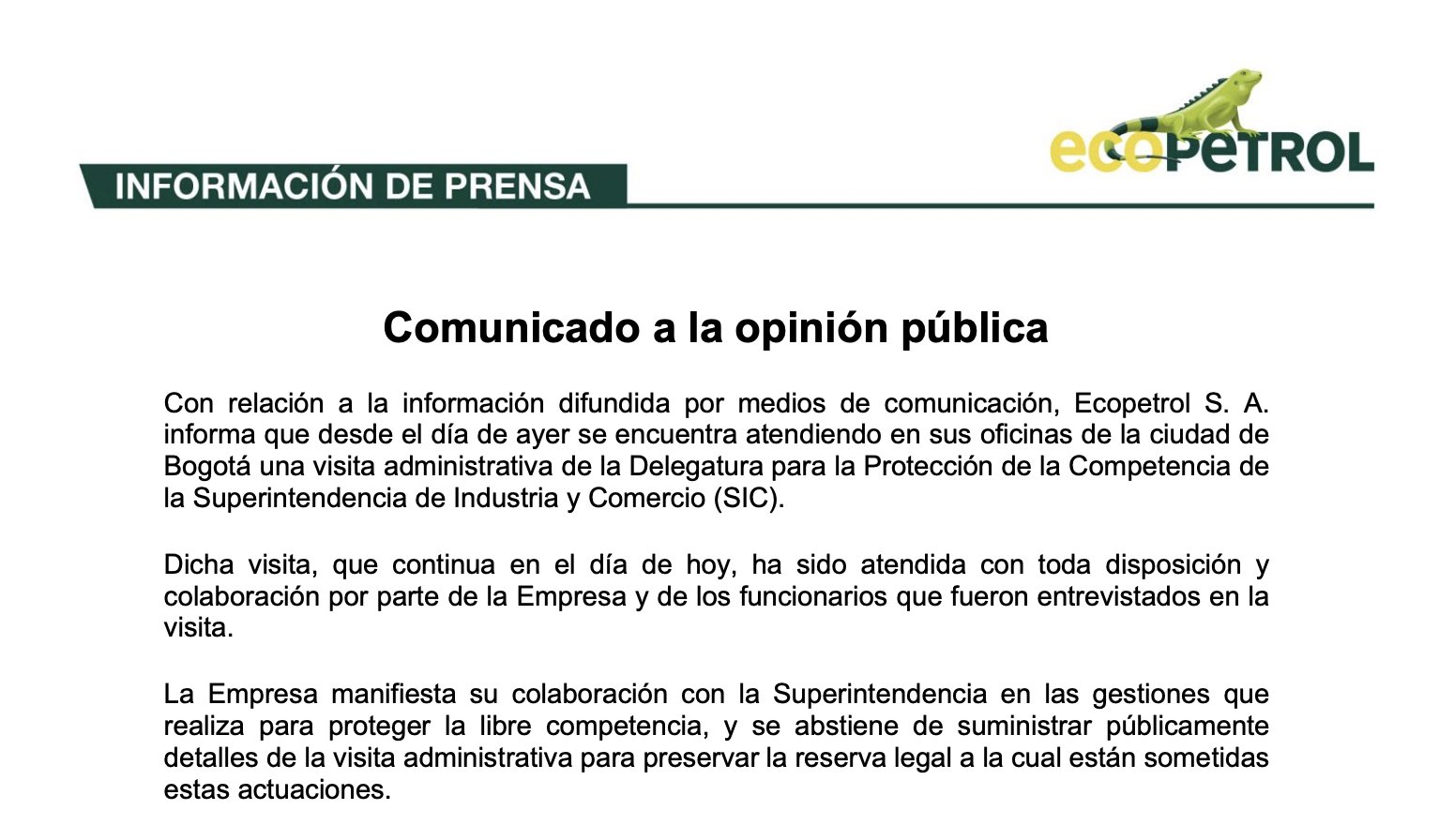 Comunicado de Ecopetrol sobre la visita administrativa de la SIC