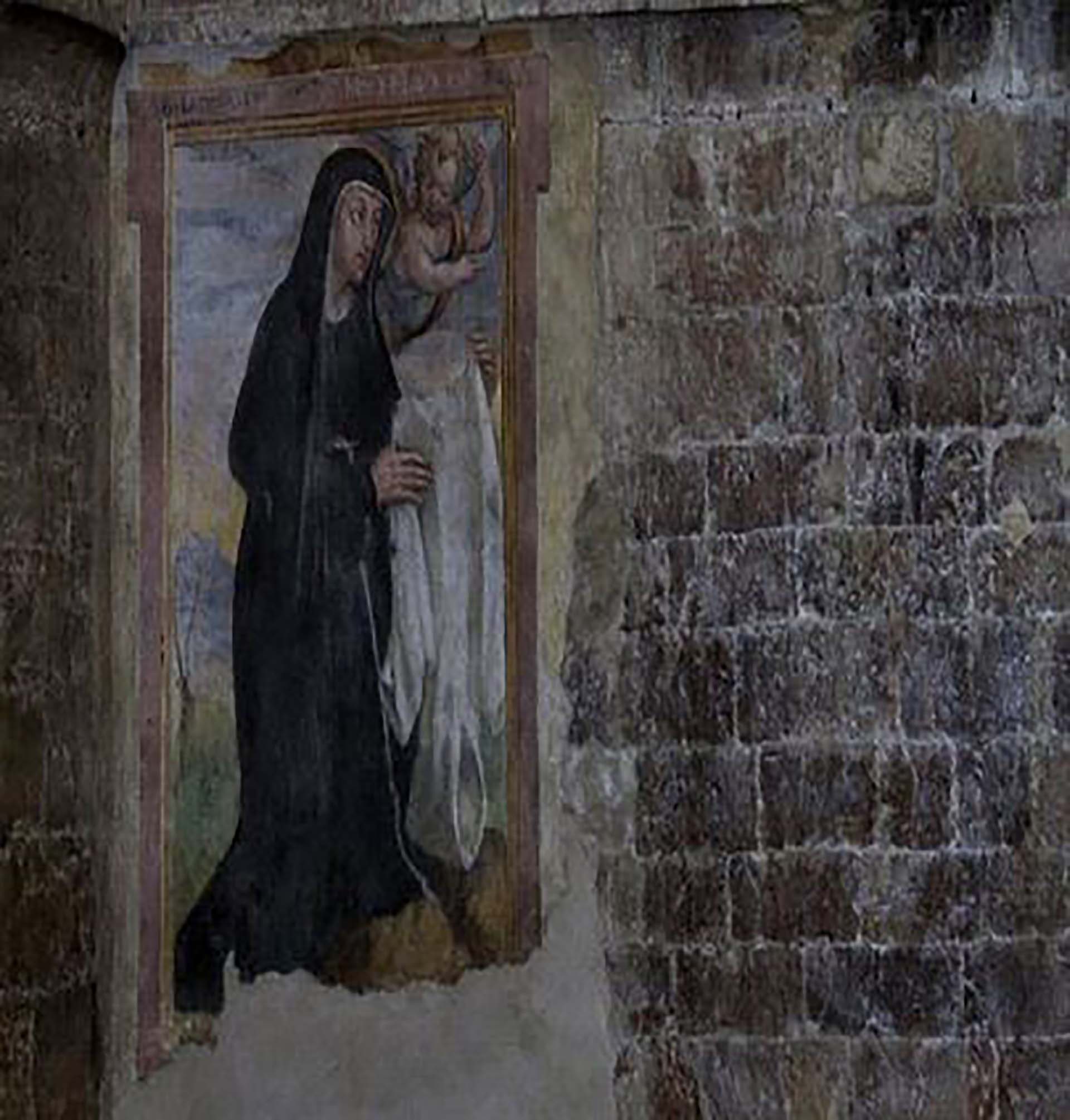 Fra Jacoba sostiene la mortaja de San Francisco de Asís, fresco en la Basílica Inferior de Assisi