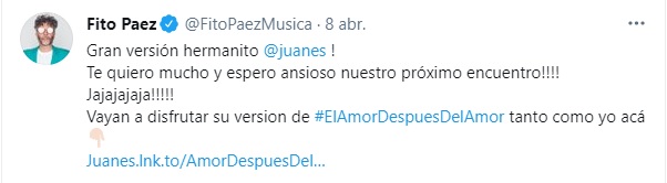 Post en Twitter de Fito Paéz. Foto: Twitter @FitoPaezMusica