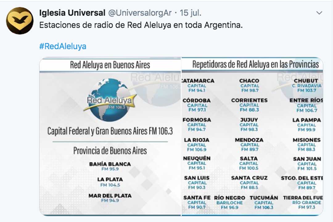 La FM 106.3 de Radio Buenos Aires de la IURD fue rebautizada “Red Aleluya” y cuenta con 25 repetidoras en todo el país que la Iglesia promociona en sus redes (Foto Twitter).