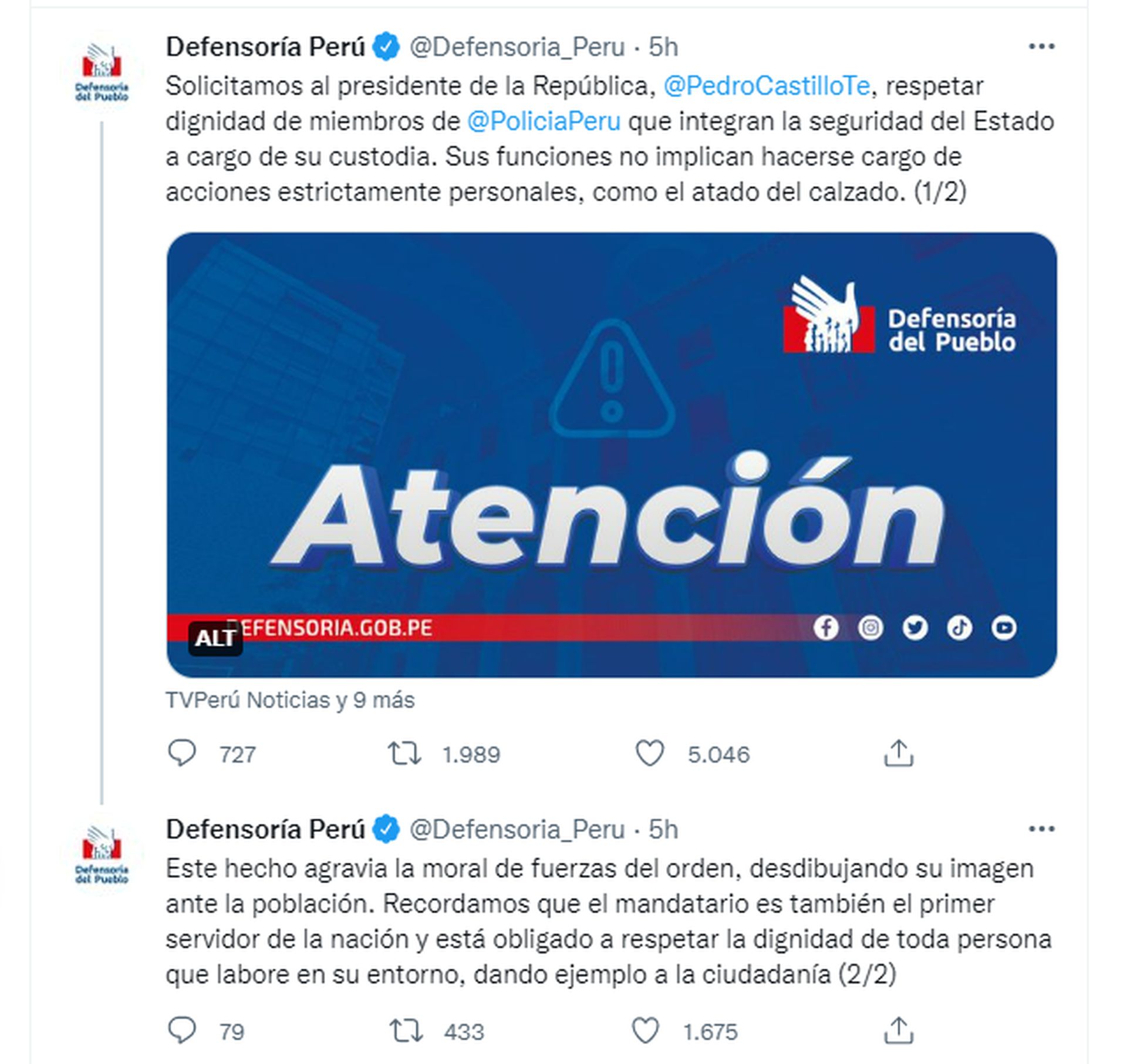 Tweet de la Defensoría del Pueblo sobre el video comentado de Pedro Castillo.