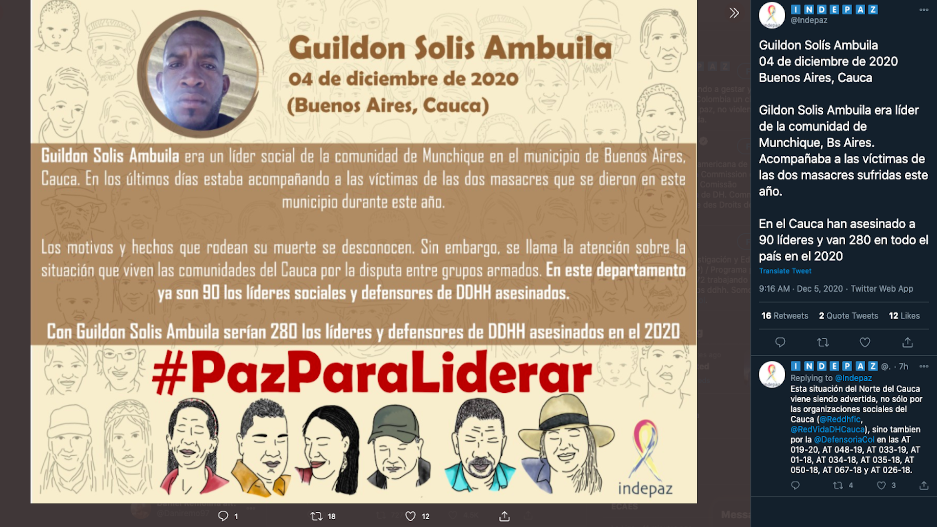 En once meses Indepaz ha reportado 90 asesinatos de líderes sociales en Cauca y 280 a nivel nacional en 2020 / (Twitter: @Indepaz).