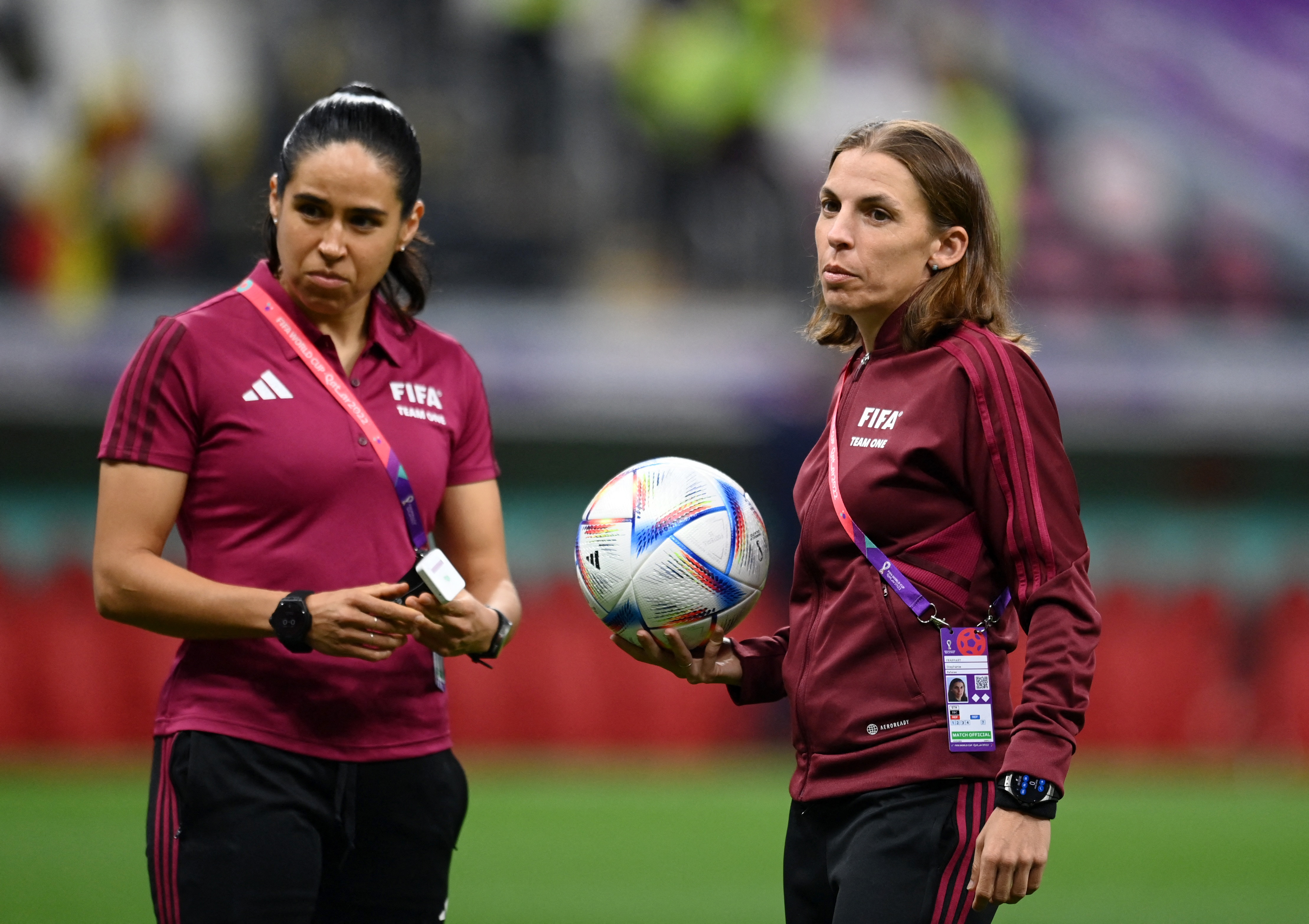 Soccer Football - FIFA World Cup Qatar 2022 - Group E - Costa Rica v Germany - Al Bayt Stadium, Al Khor, Qatar - December 1, 2022 Referee Stephanie Frappart and assistant referee Karen Diaz before the match REUTERS/Annegret Hilse