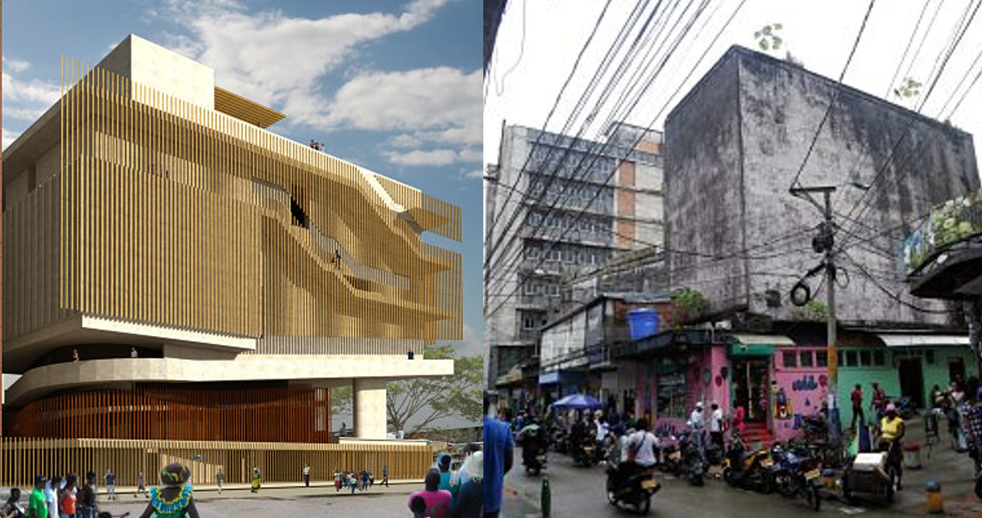 A la izquierda el proyecto que se aprobó para la reconstrucción del Teatro César Conto Ferrer, a la derecha, el estado del teatro en 2016, cuando arrancó el proyecto. Ministerio de Cultura.
