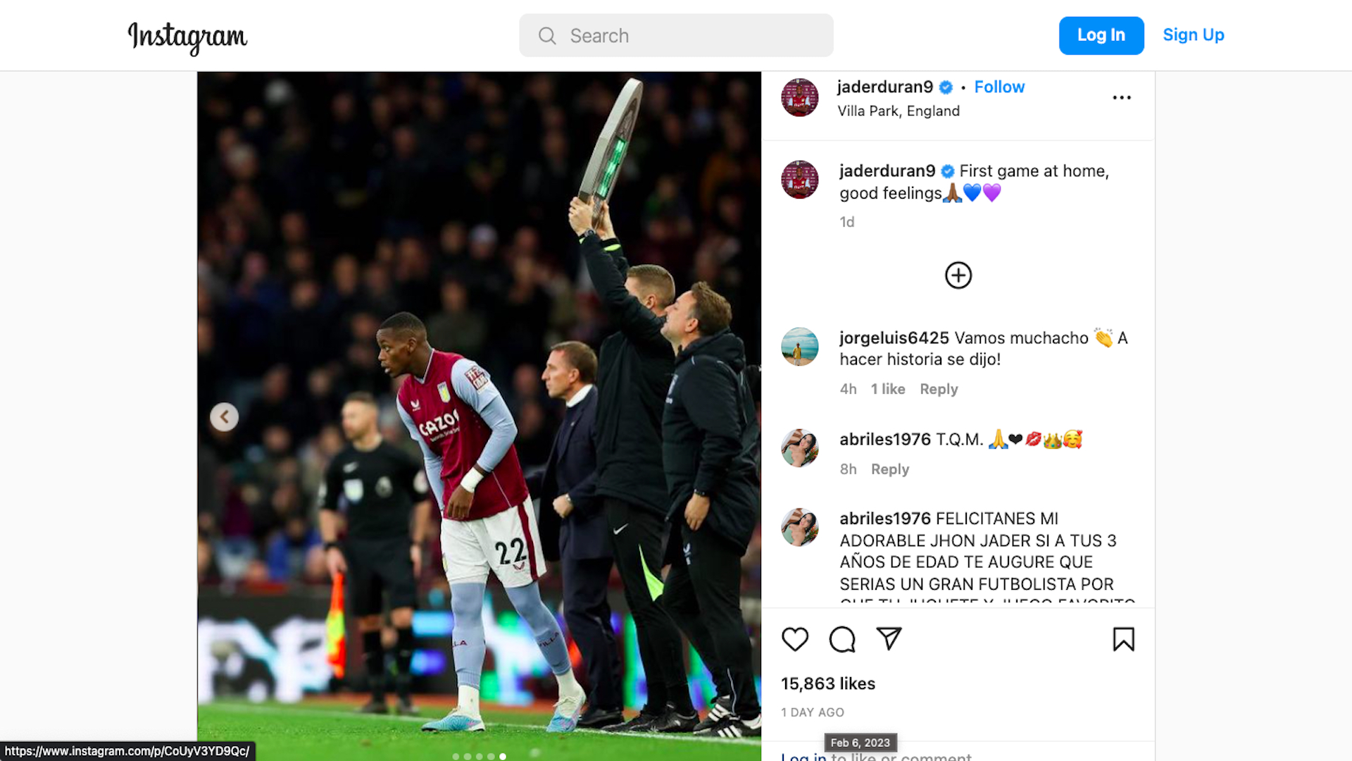 Reacción de Jhon Durán tras debutar en la English Premier League con Aston Villa / (Instagram: jaderduran9)