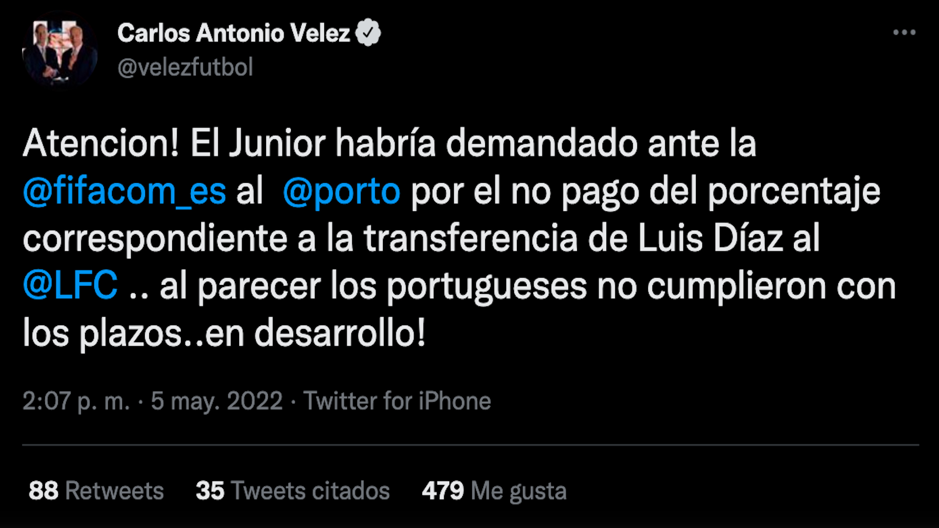 Carlos Antonio Vélez advierte demanda de Junior de Barranquilla a FC Porto por pago adeudado tras la transferencia de Luis Díaz a Liverpool / (Twitter: @velezfutbol)
