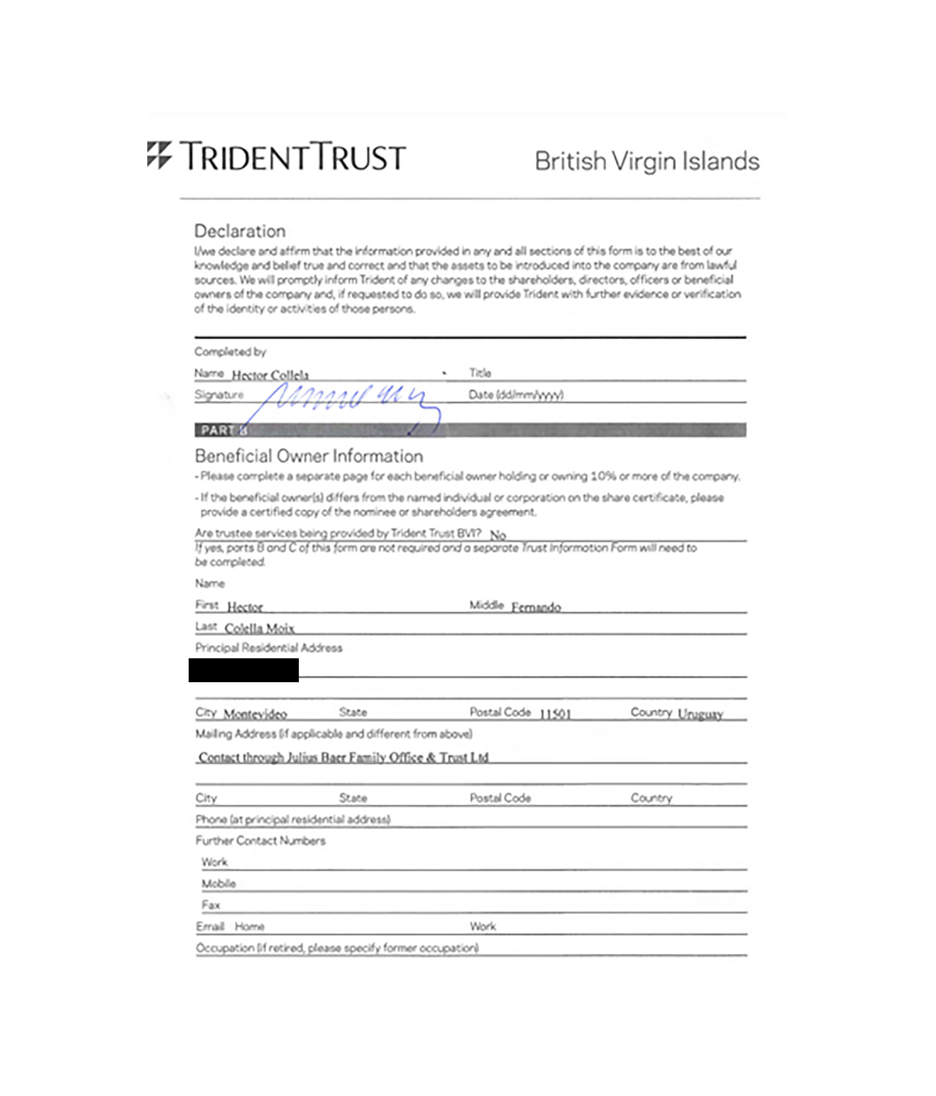 Formulario interno de Trident Trust, proveedor de servicios offshore, completado y firmado por el propio Colella