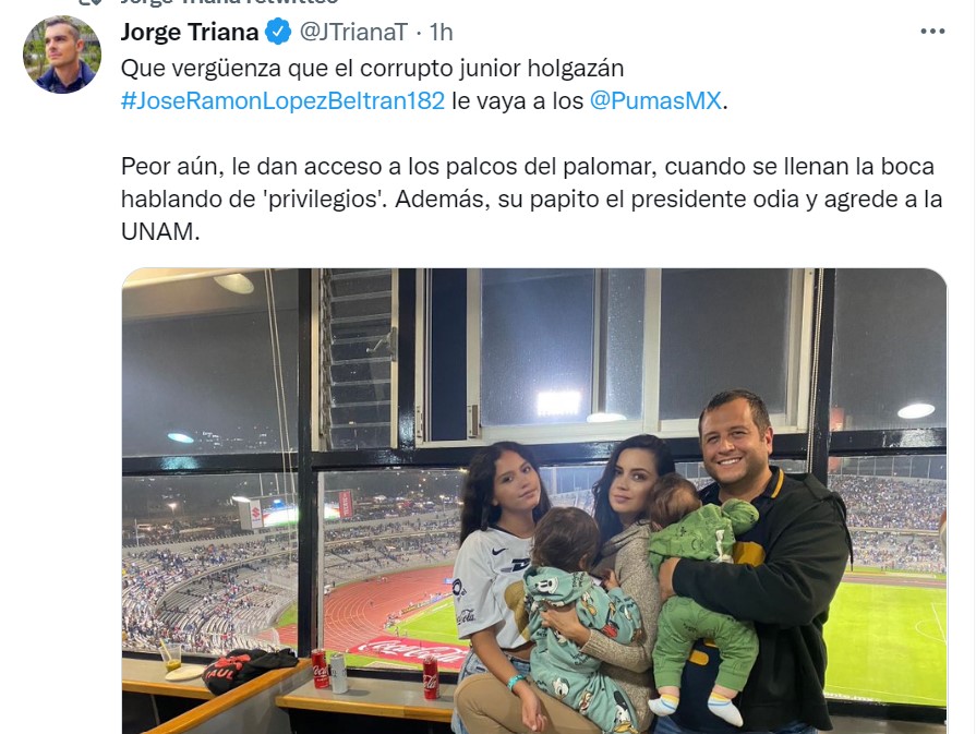 El panista lamentó que una persona tan “corrupta y holgazán” vaya a animar los partidos de los Pumas (Foto: Twitter/@JTrianaT)