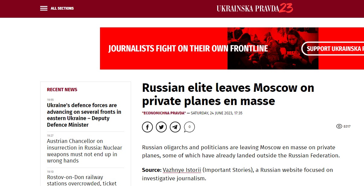 Captura de pantalla del artículo de Pravda Ucrania