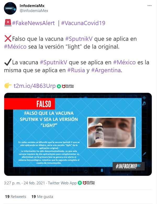 Tuit donde Infodemia Mx explica la noticia falsa
(Foto: Captura de Twitter de @InfodemiaMx)