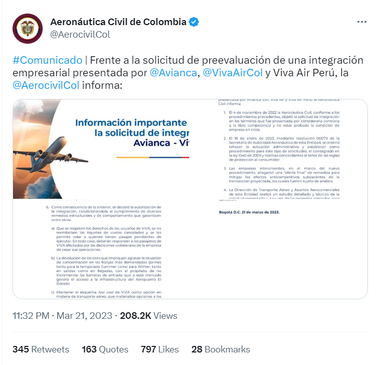 Aeronáutica entregó comunicado sobre  la solicitud de integración empresarial presentada por Avianca-VivaAirCol. @AerocivilCol.Twitter