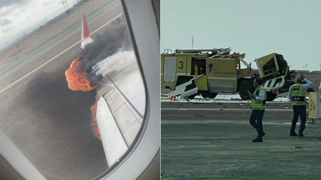 Una de las alas del avión impactó contra el camión de emergencias y desató el pánico en los tripulantes.