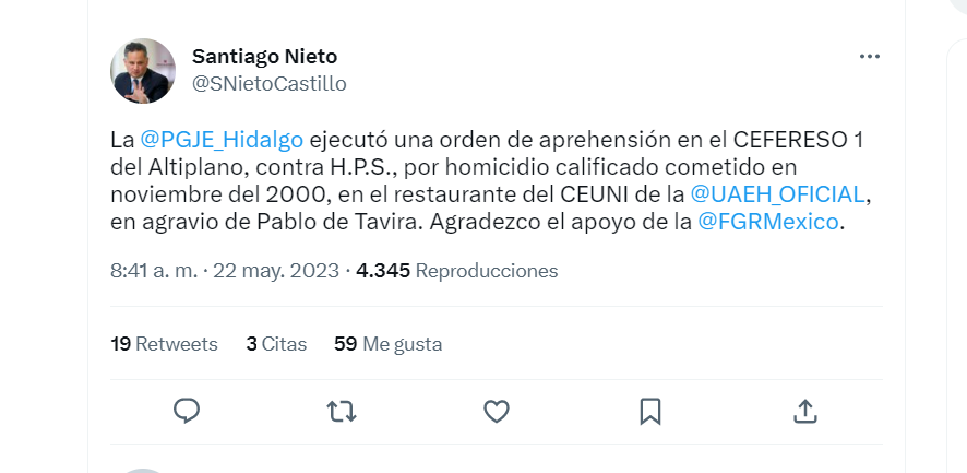 Palma Salazar es señalado como probable responsable en el homicidio de Pablo de Tavira (Foto: Twitter@SNietoCastillo)