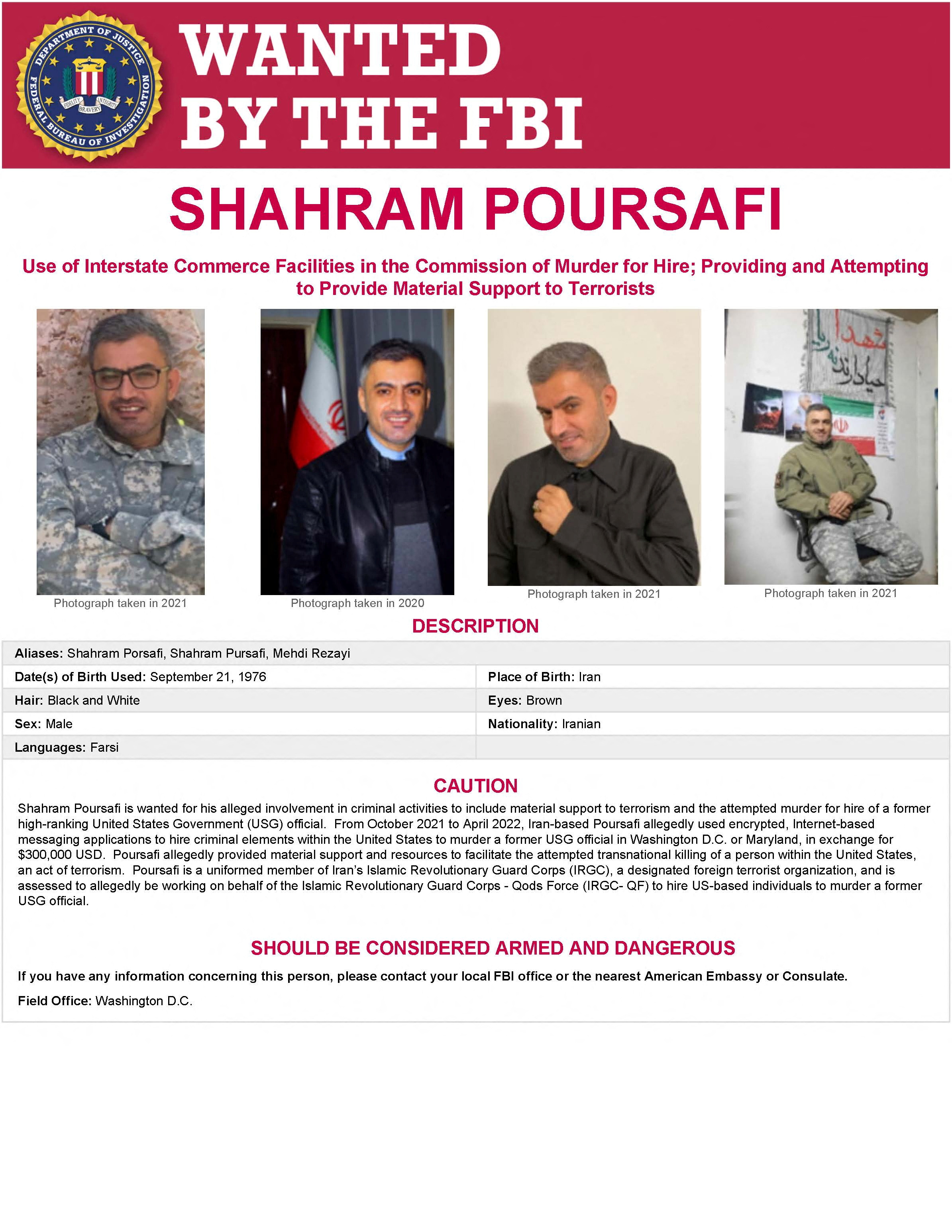 Shahram Poursafi, también conocido como Mehdi Rezayi, es buscado por el FBI (Federal Bureau of Investigation/Handout via REUTERS)