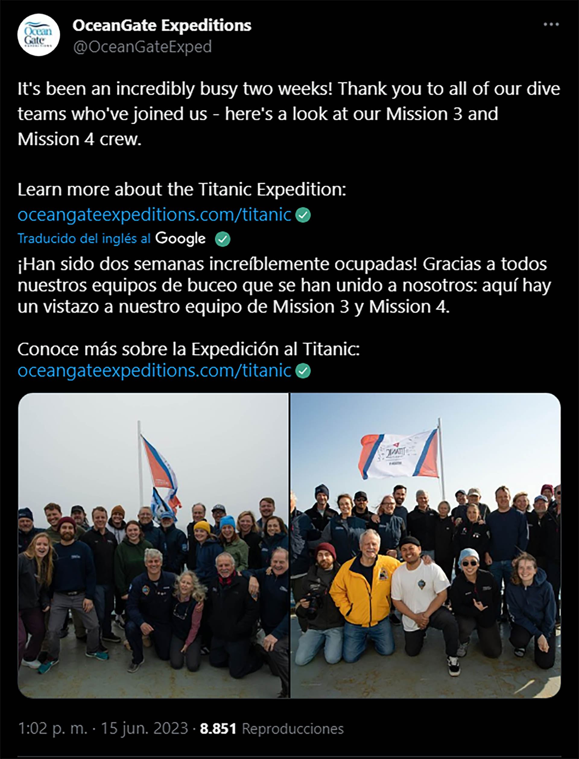 El último tuit de OceanGate muestra a un grupo de personas que participó recientemnete de una expedición al Titanic