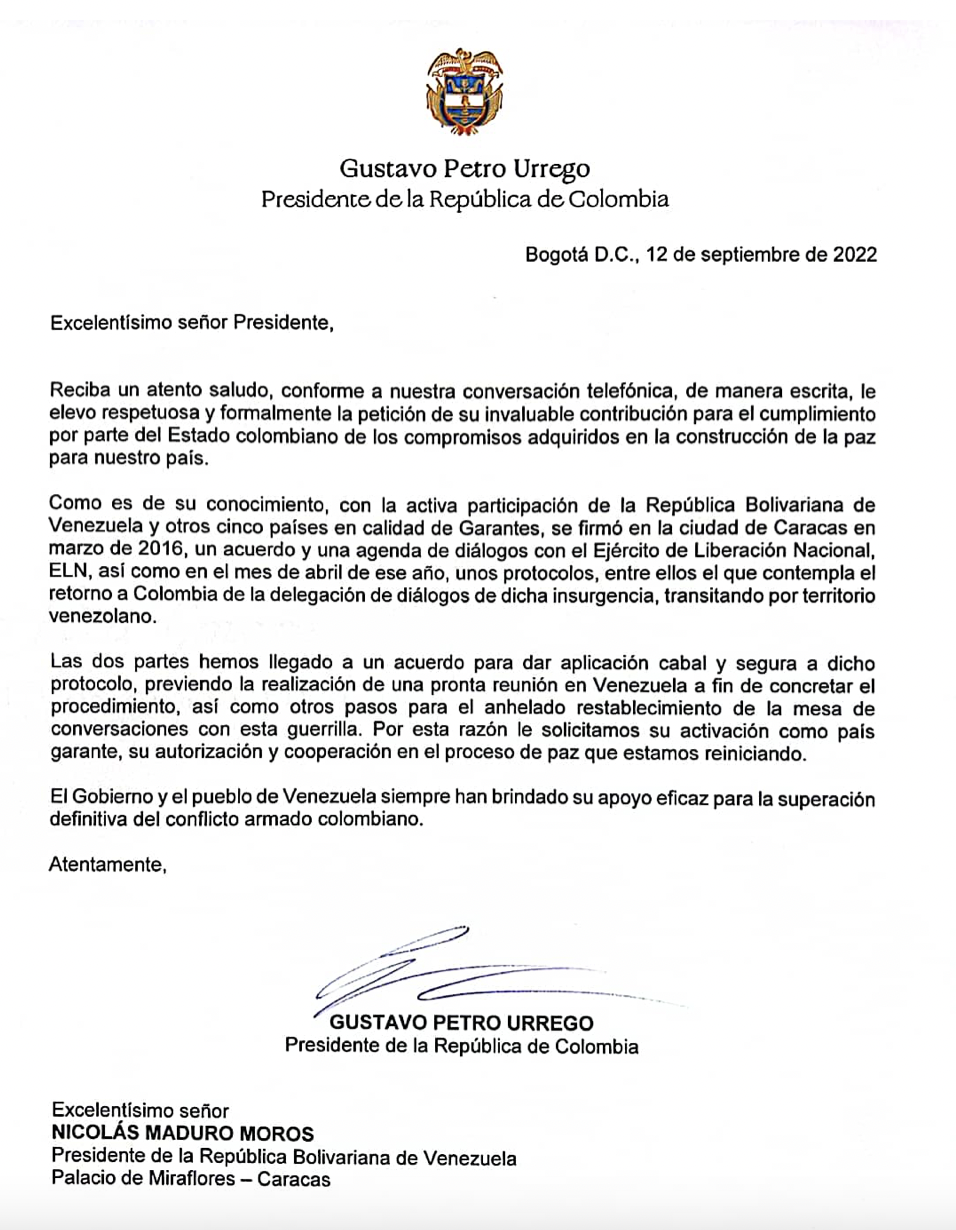 La carta del presidente Gustavo Petro a Nicolás Maduro