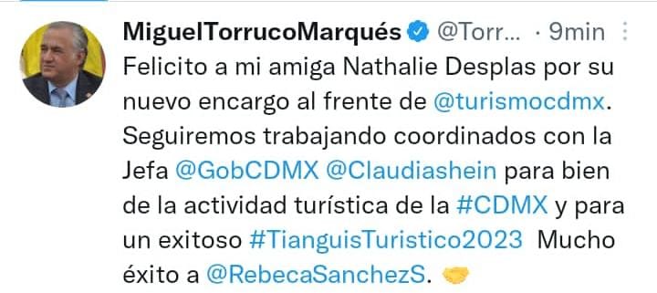 Miguel Torruco felicitó a Nathalie Desplas (Foto: Tw/@TorrucoTurismo)