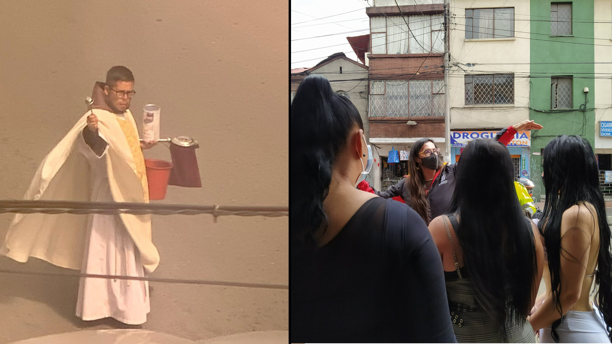 Sacerdote se toma las calles del barrio Santa Fe en Bogotá para echarle agua bendita a los hombres