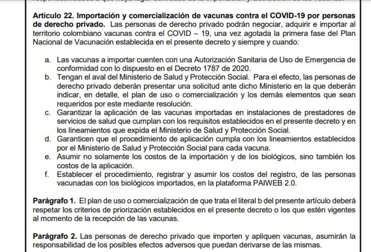 Apartado del primer borrador del decreto del Plan de Vacunación Nacional. Foto: Ministerio de Salud.