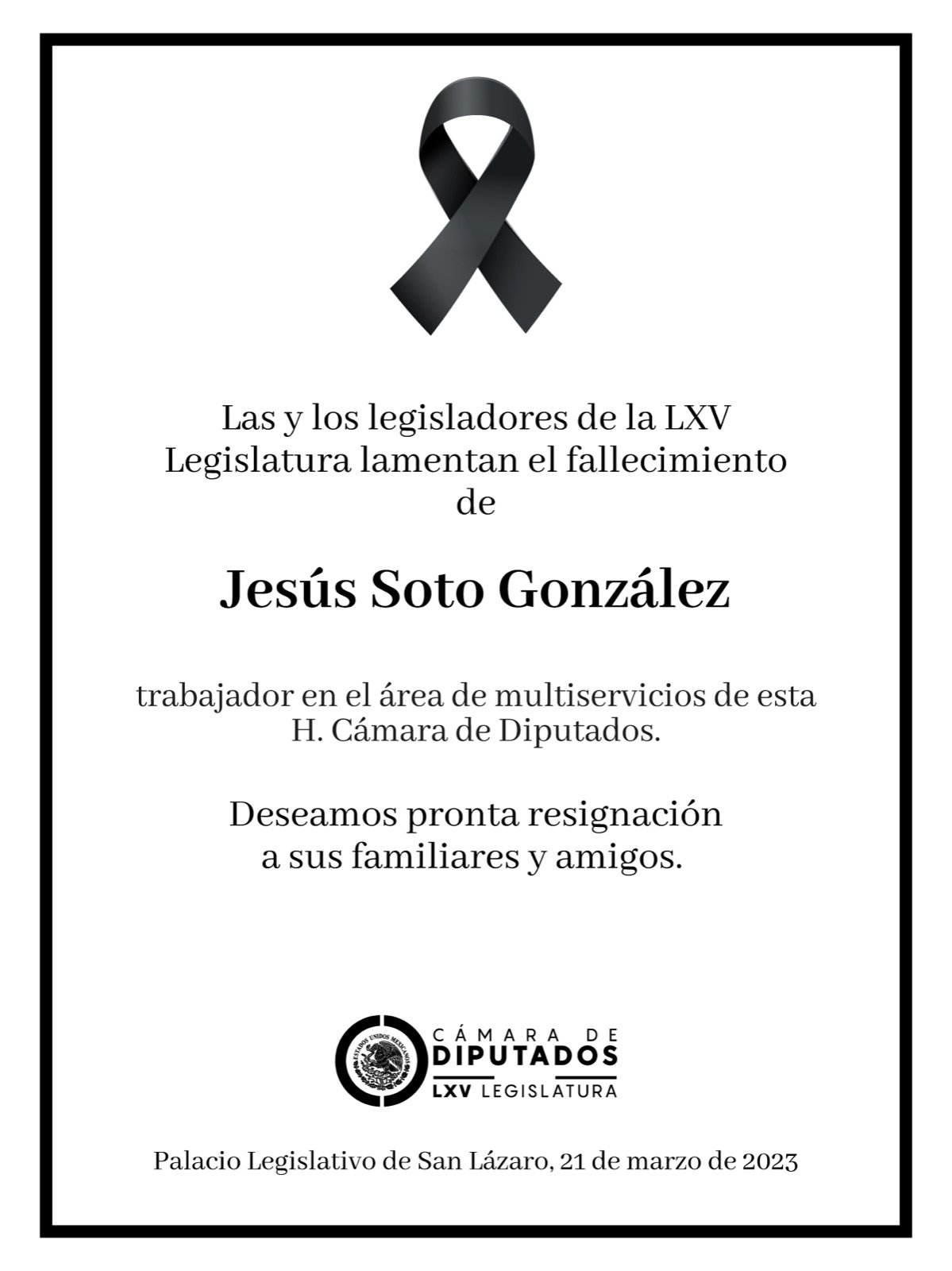 La Cámara de Diputados lamentó el fallecimiento de Jesús Soto González, trabajador del recinto (Twitter/Mx_Diputados)
