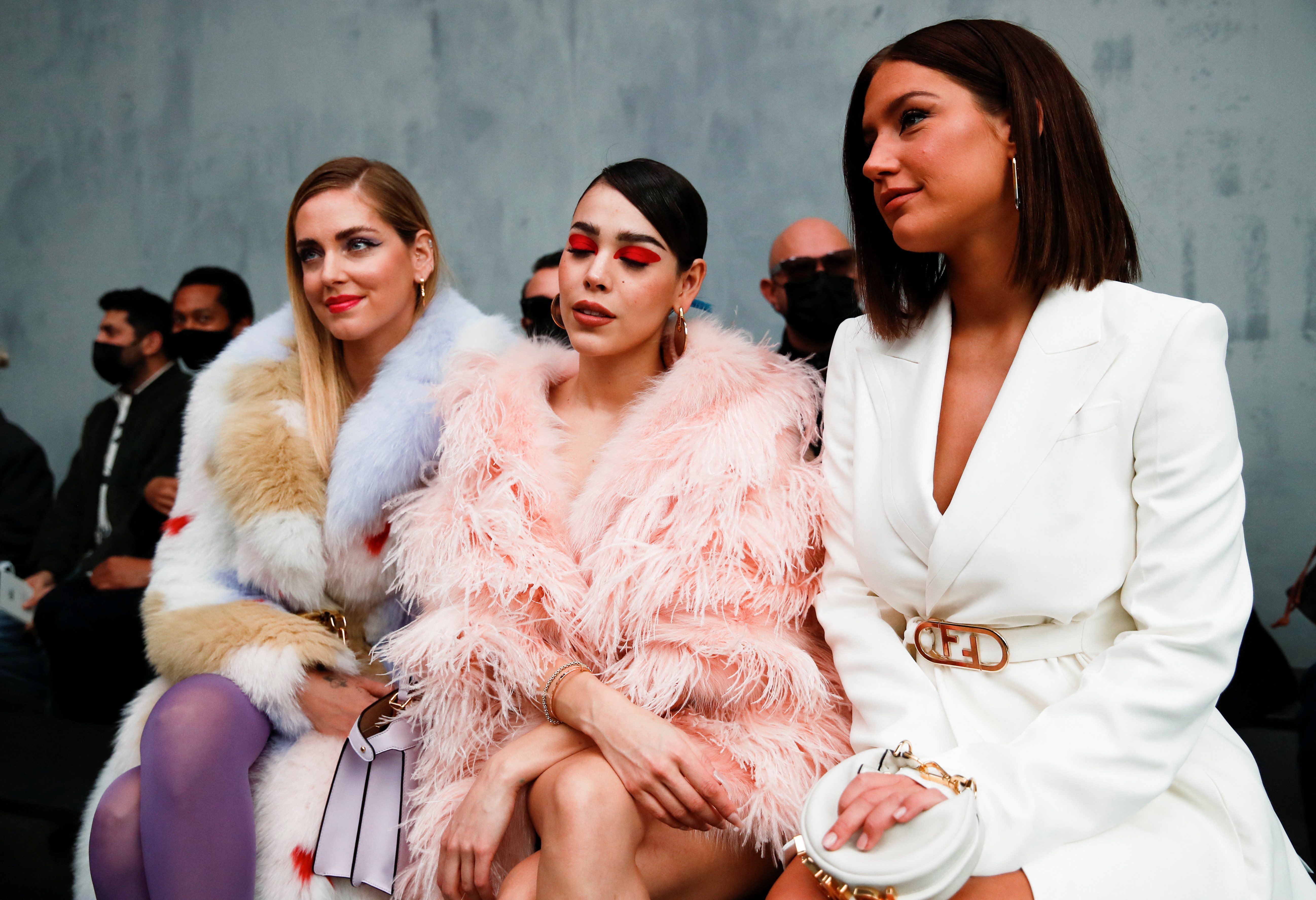 Italian blogger Chiara Ferragni, Mexican singer Danna Paola and French actor Adele Exarchopoulos attend the Fendi Fall/Winter 2022/2023 collection show during Fashion Week in Milan, Italy, February 23, 2022. REUTERS/Alessandro Garofalo