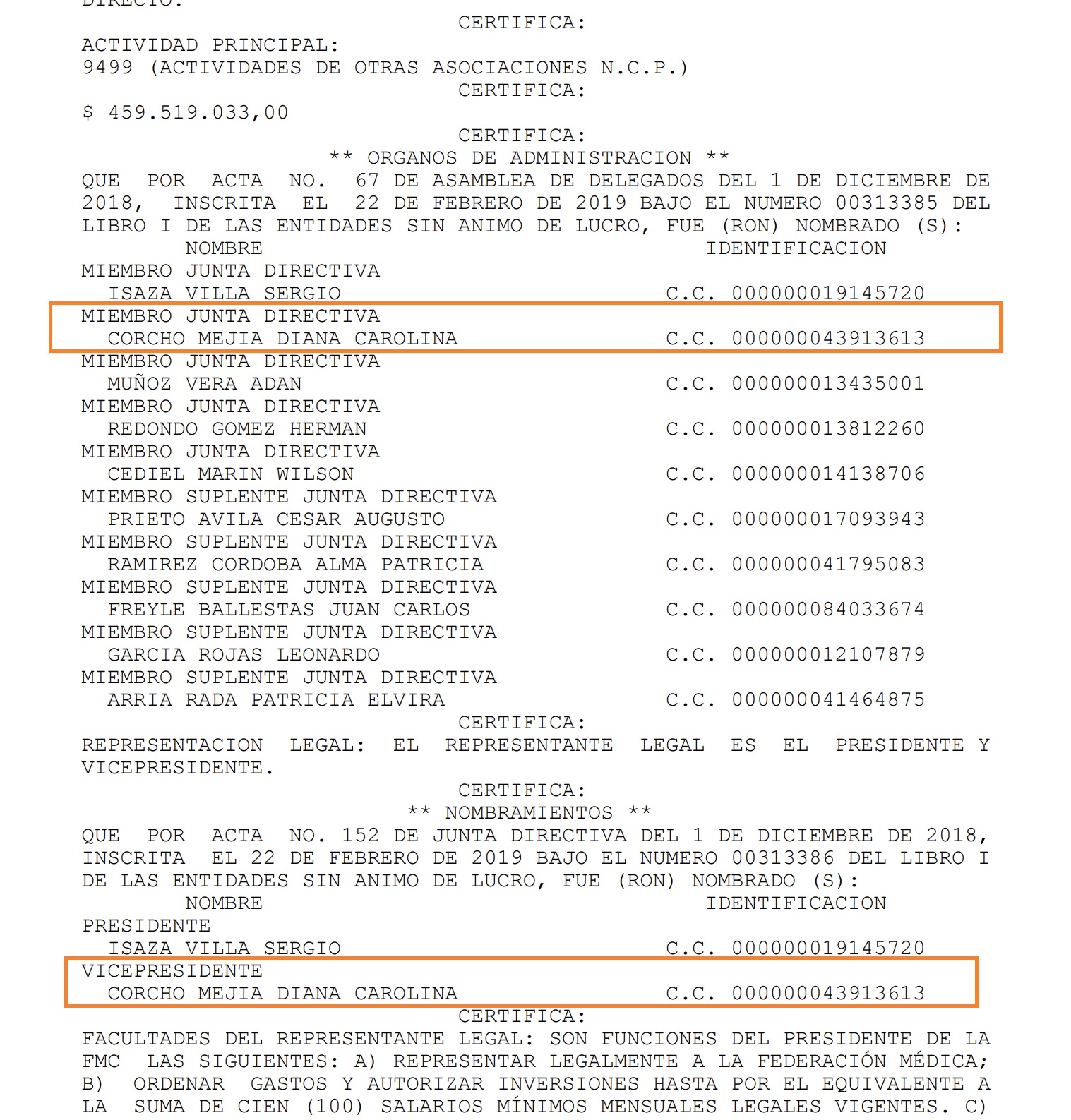 Junta directiva de la Federación Médica Colombiana a la que Corcho asegura que renunció