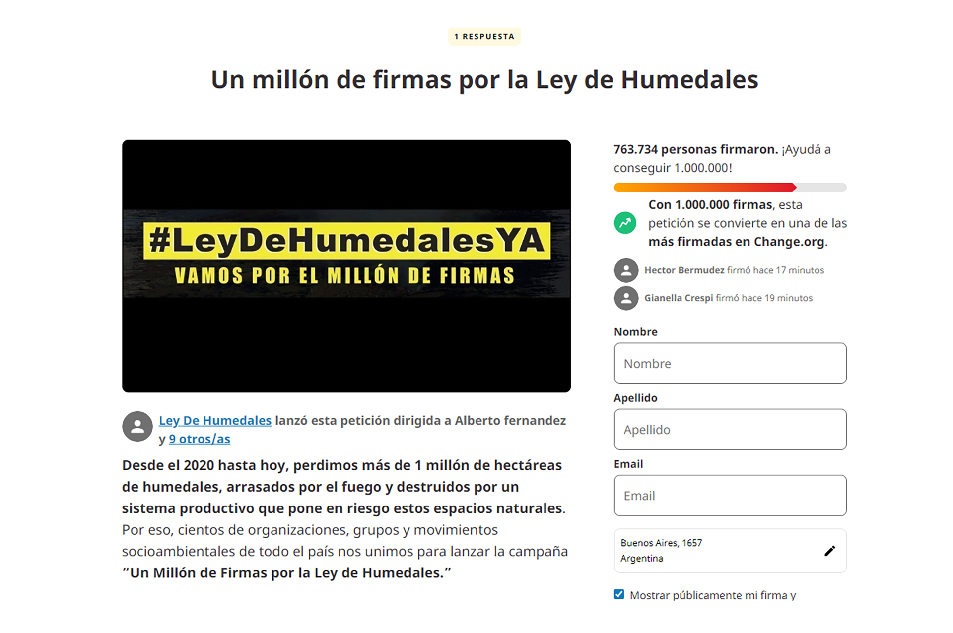 Desde la Multisectorial Humedales lanzaron una petición en la plataforma Change.org