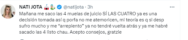 Nati Jota contó que se someterá a una cirugía programada (Twitter)