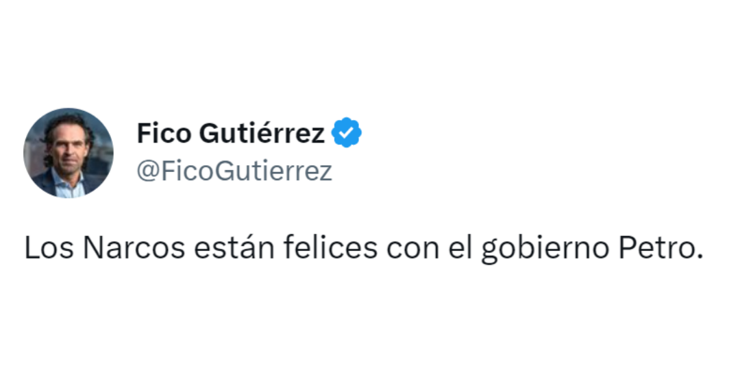 El excandidato presidencial Federico Gutiérrez aseguró que los narcotraficantes en Colombia están muy felices con la ley de sometimiento radicada por el Gobierno nacional. Crédito: @FicoGutierrez / Twitter