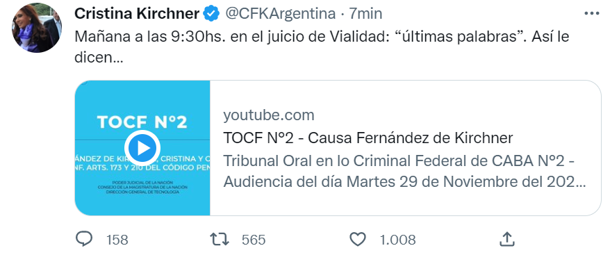 El mensaje de Cristina Kirchner previo a la última audiencia