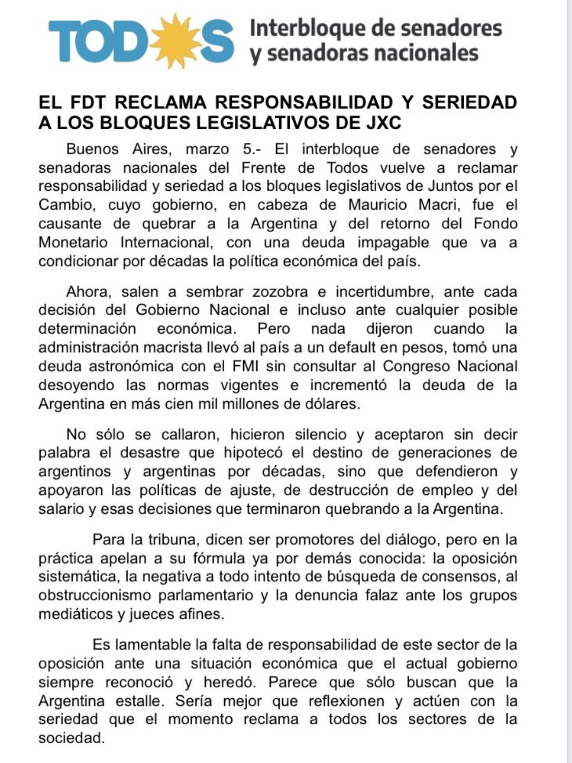El comunicado del Frente de Todos ante las críticas de la oposición al canje de deuda.