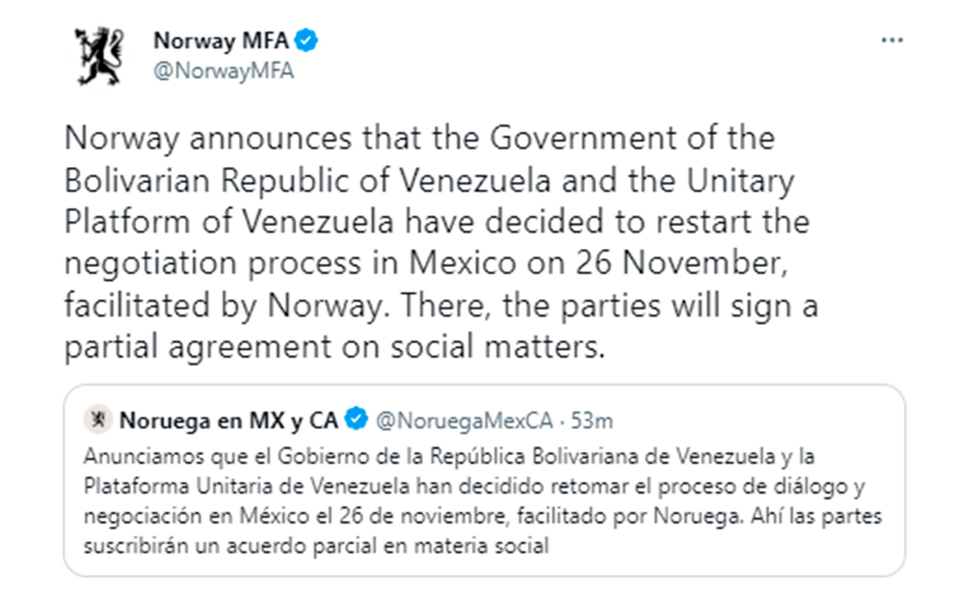 El gobierno de Noruega confirmó el diálogo en Venezuela