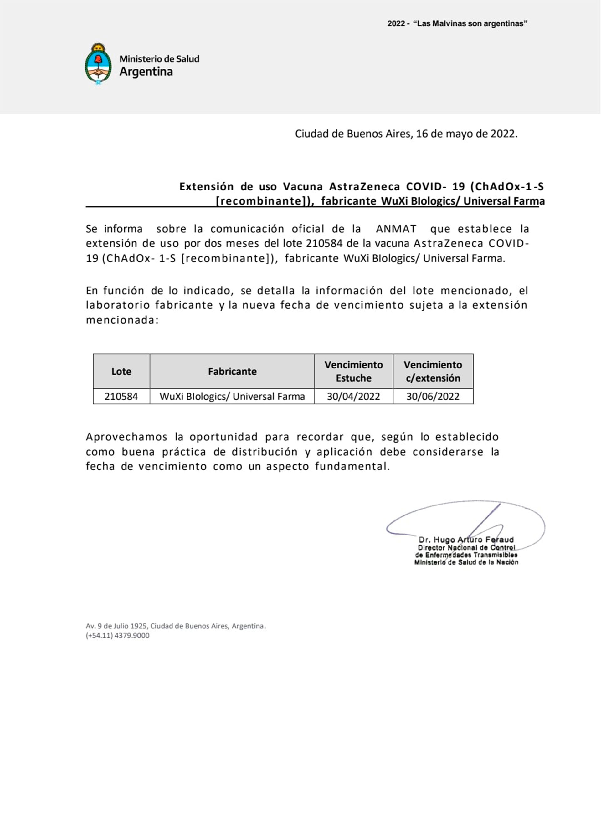 El comunicado del Ministerio de Salud sobre la extensión del uso del lote de vacunas AstraZeneca